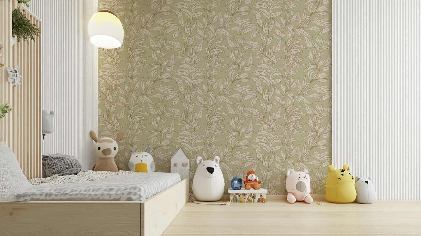 Nature-inspired wall design in sage green tones

