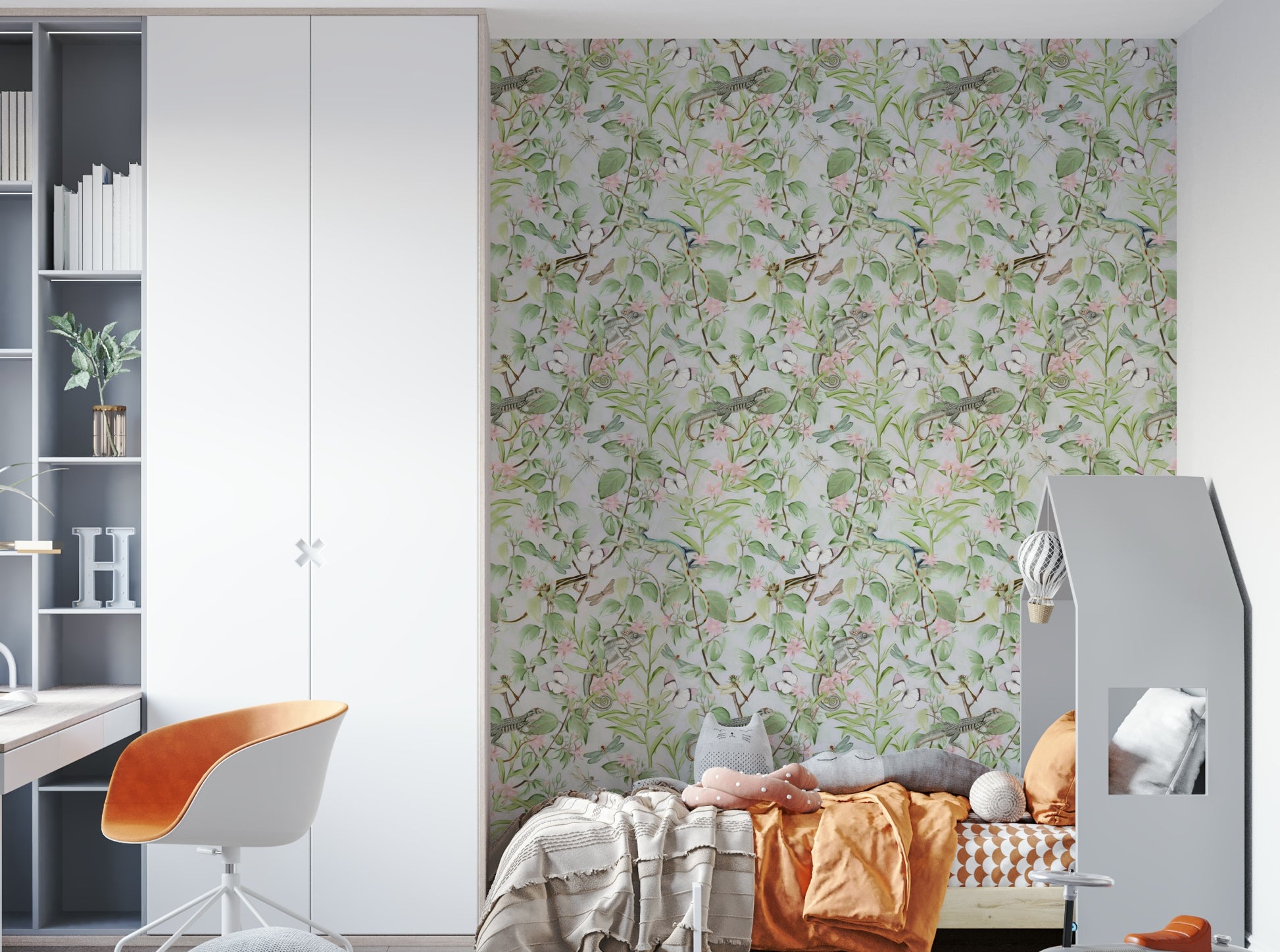 Close-up of botanical wallpaper featuring delicate florals.

