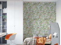 Close-up of botanical wallpaper featuring delicate florals.

