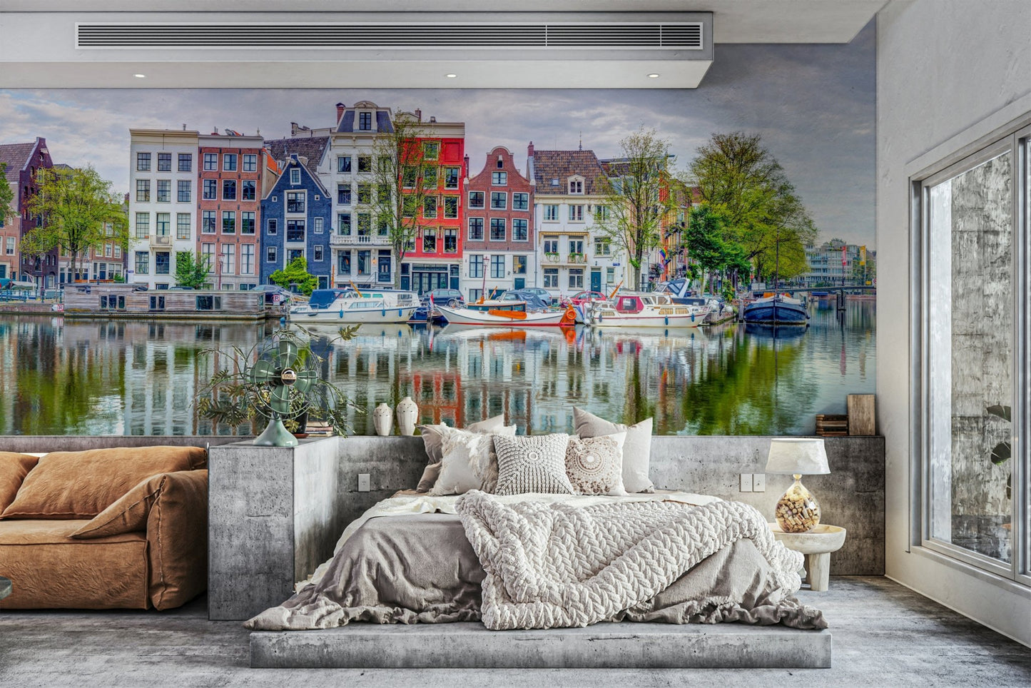 Dutch canal houses mural with calm water reflections

