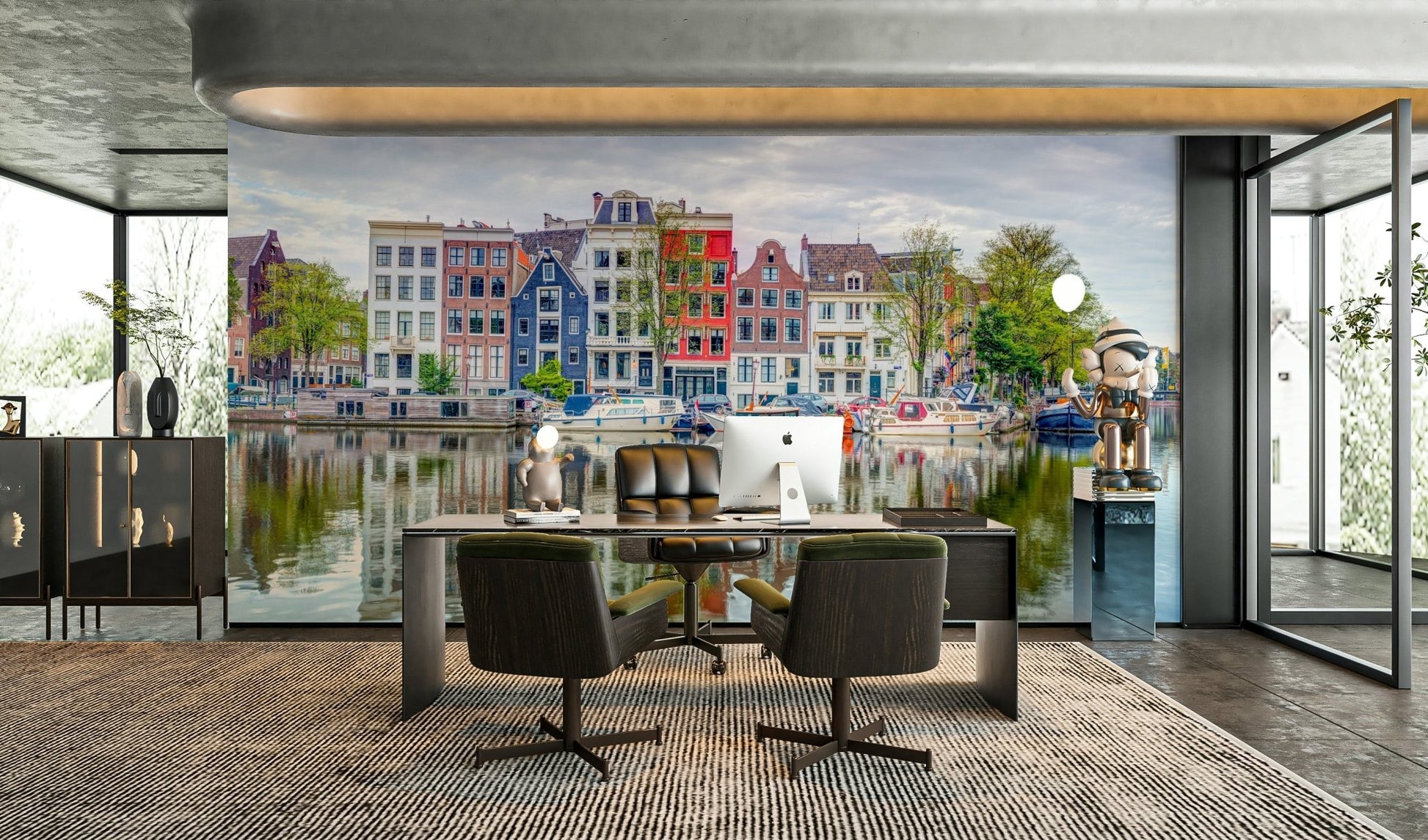 Amsterdam canal mural with colorful houses and boats

