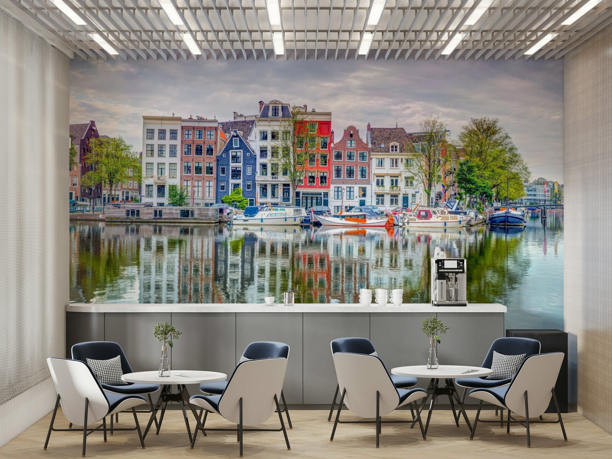 Amsterdam waterfront mural with historic facades

