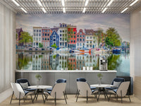 Amsterdam waterfront mural with historic facades

