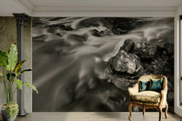 A peaceful open stream mural on decorative wallpaper.


