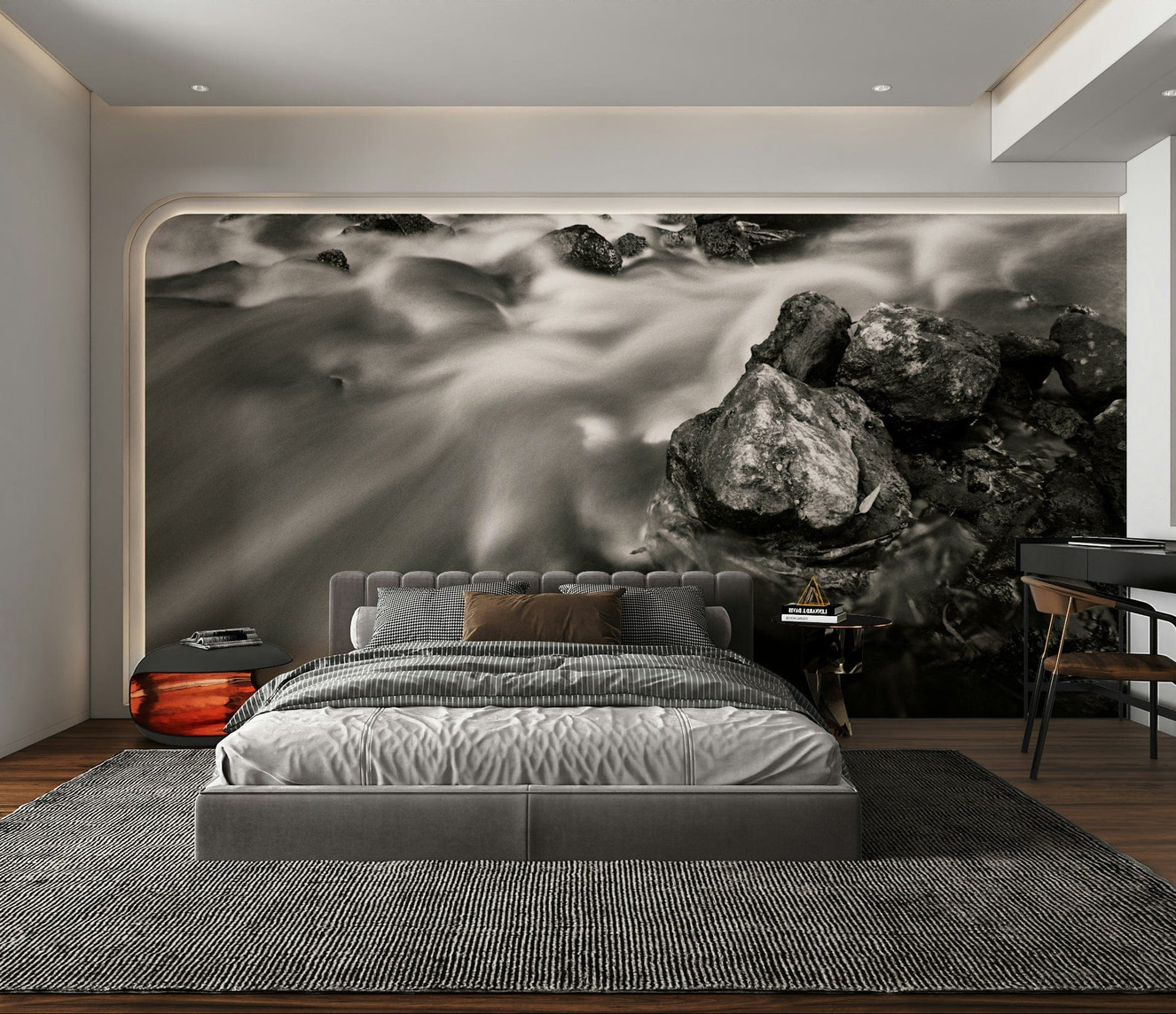 An artistic nature scene mural on minimalist wallpaper.

