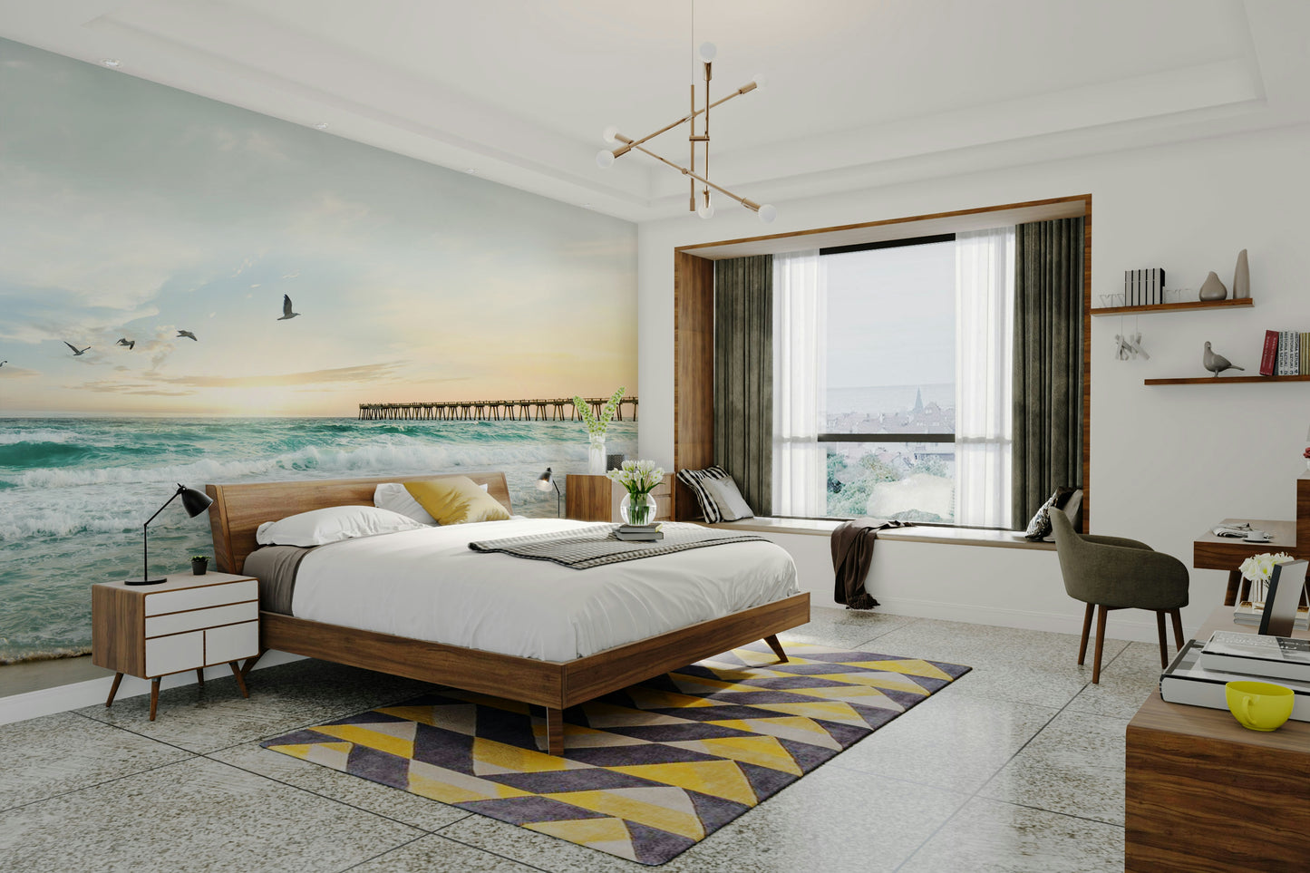 Serene ocean sunset mural wallpaper for a relaxing space.

