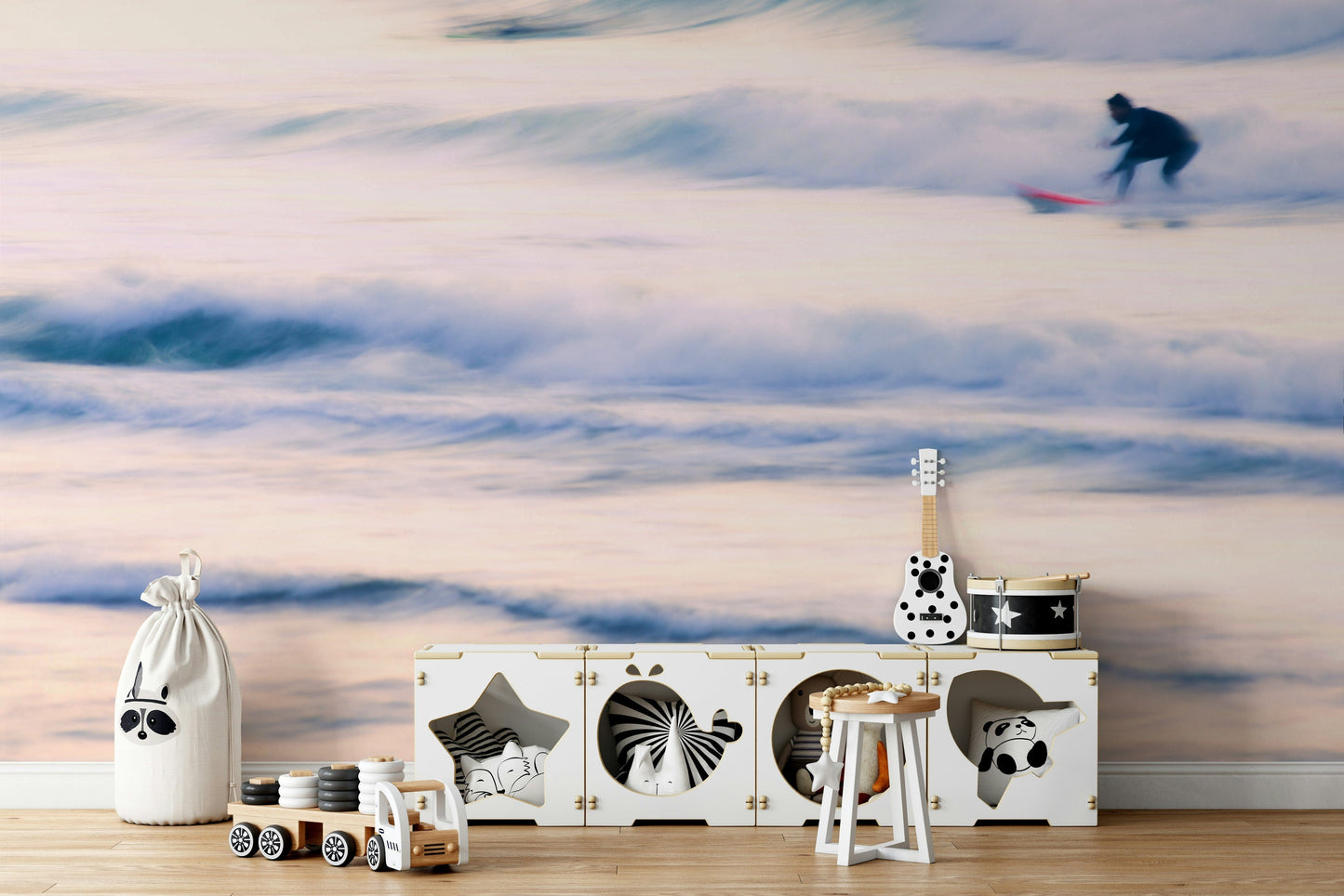 A high-angle view of the wall mural in a large space.

