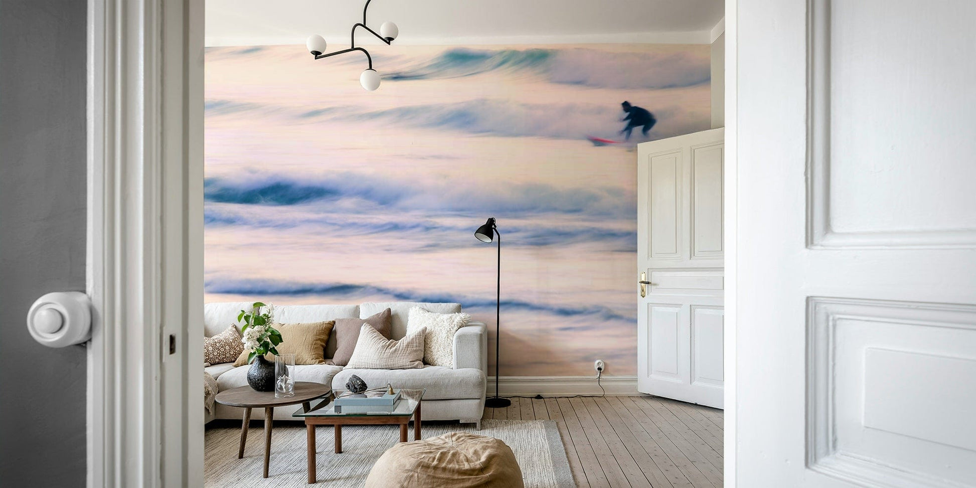 The peel and stick wallpaper on a smooth wall surface.

