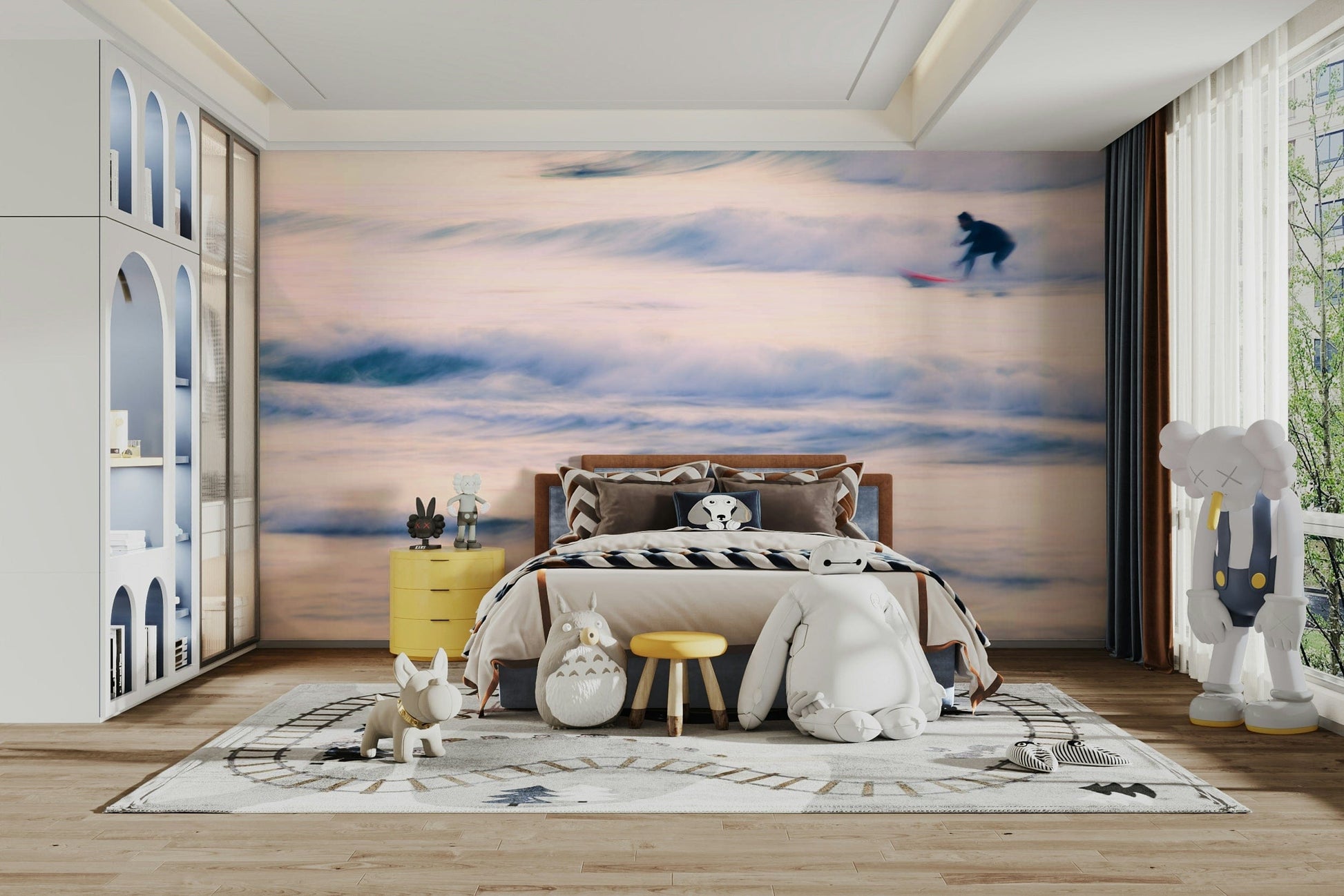 An angled shot of the mural's gentle color palette.

