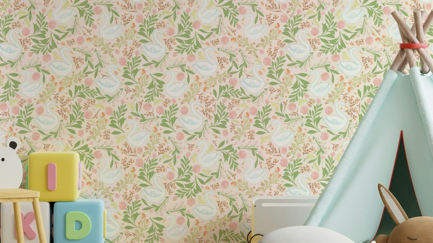 A wallpaper design with swans and floral patterns.


