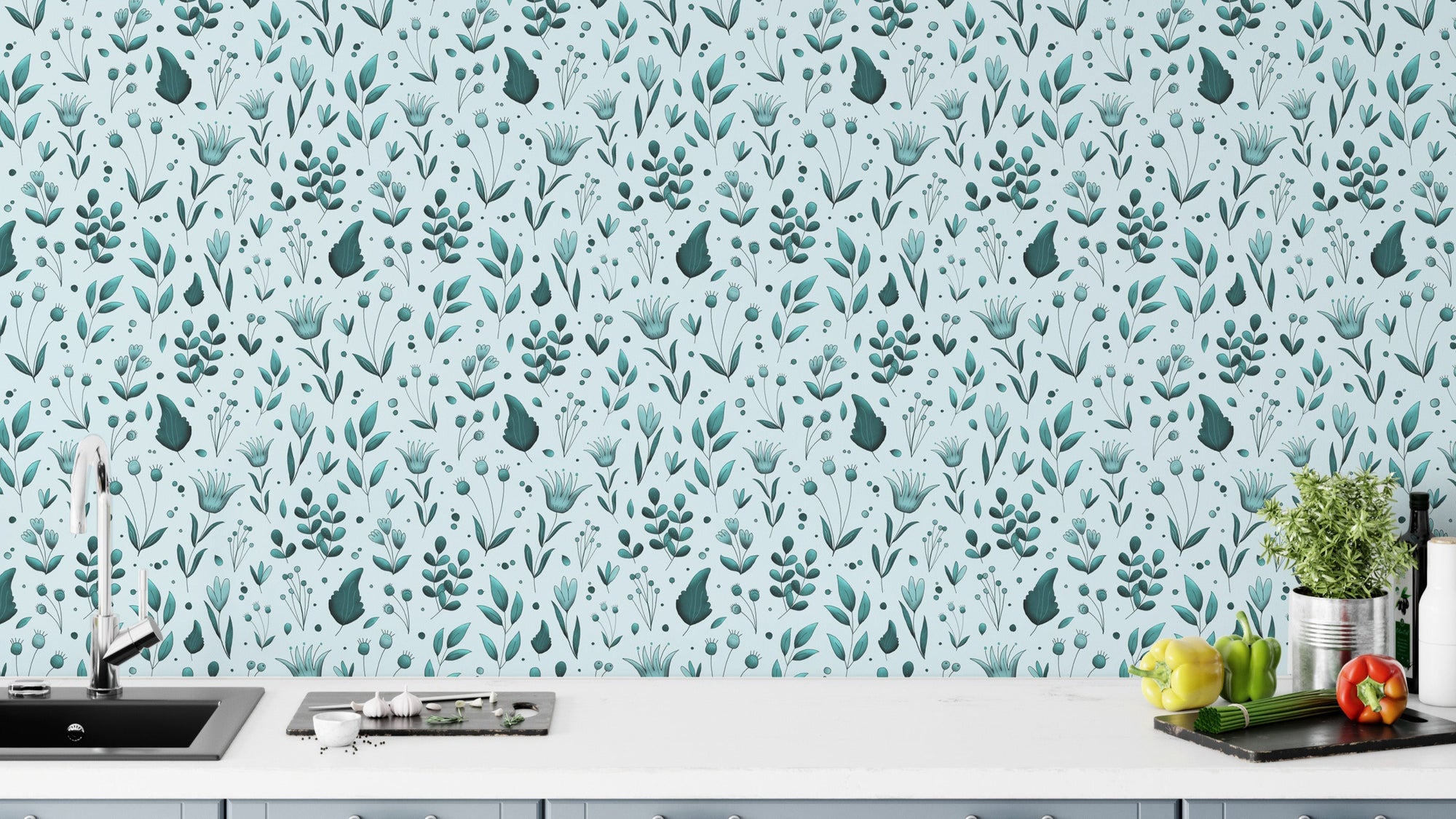 Serene Teal Garden wallpaper with delicate teal florals above a white kitchen counter with herbs and peppers
