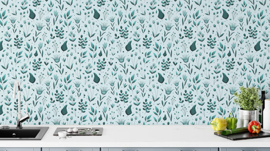 Serene Teal Garden wallpaper with delicate teal florals above a white kitchen counter with herbs and peppers