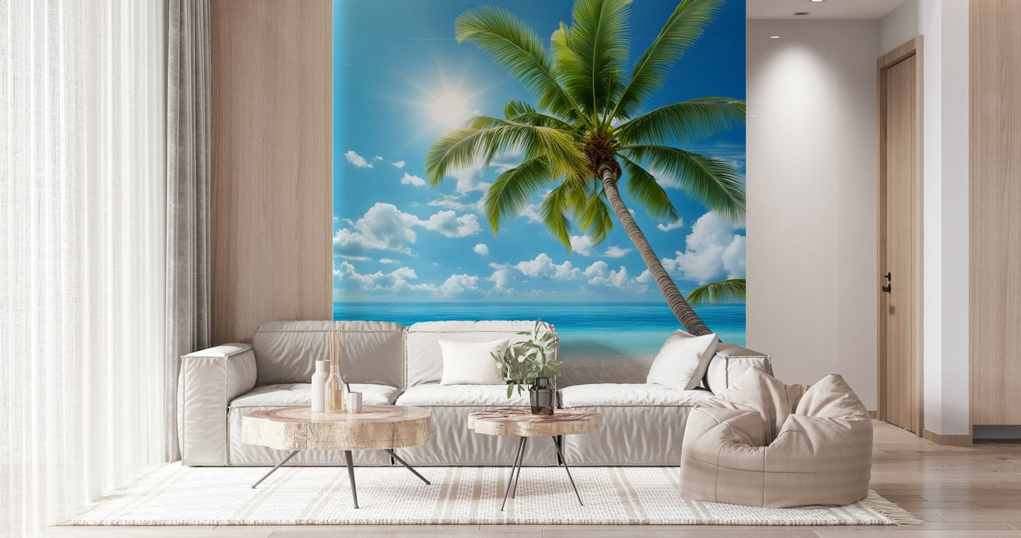 Serene Tranquil Beach Wall Mural in modern hallway, subtle ocean tones and minimal wall decor