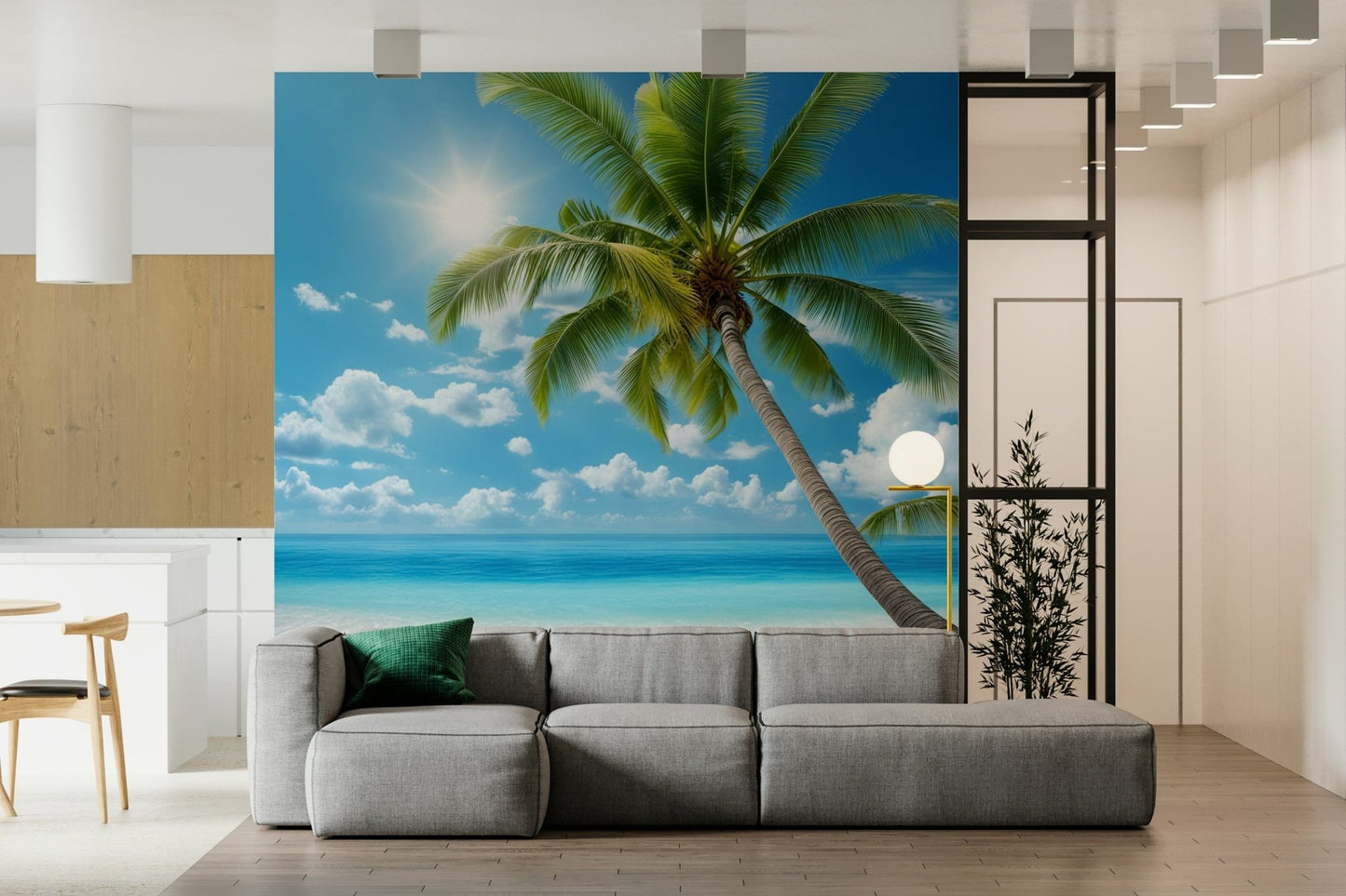 Serene beach wall mural in modern living room, soft blue water, sandy tones, calm coastal wall decor