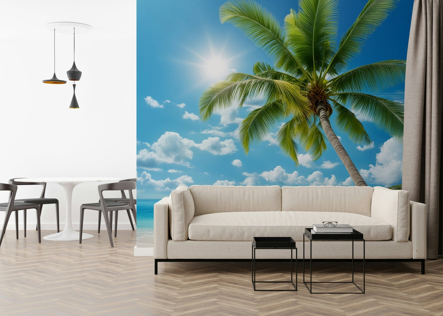 Apartment entryway with seaside wall mural, light blue horizon, neutral sand colours, calm mood