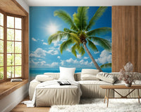 Minimal home office with beach mural feature wall, muted ocean color palette, clean modern decor