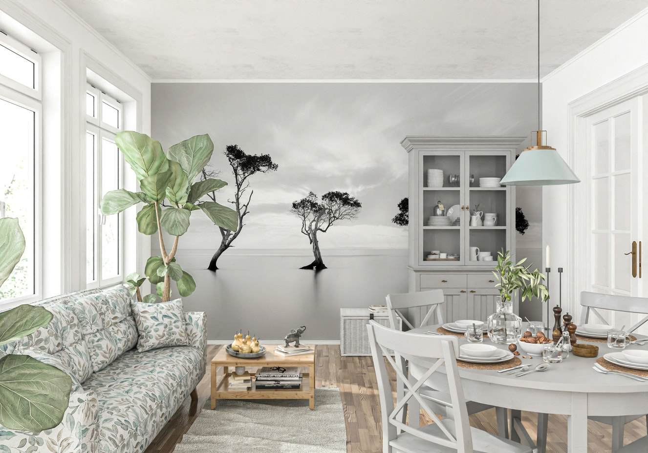 A beautiful monochrome forest wallpaper mural for a modern home.

