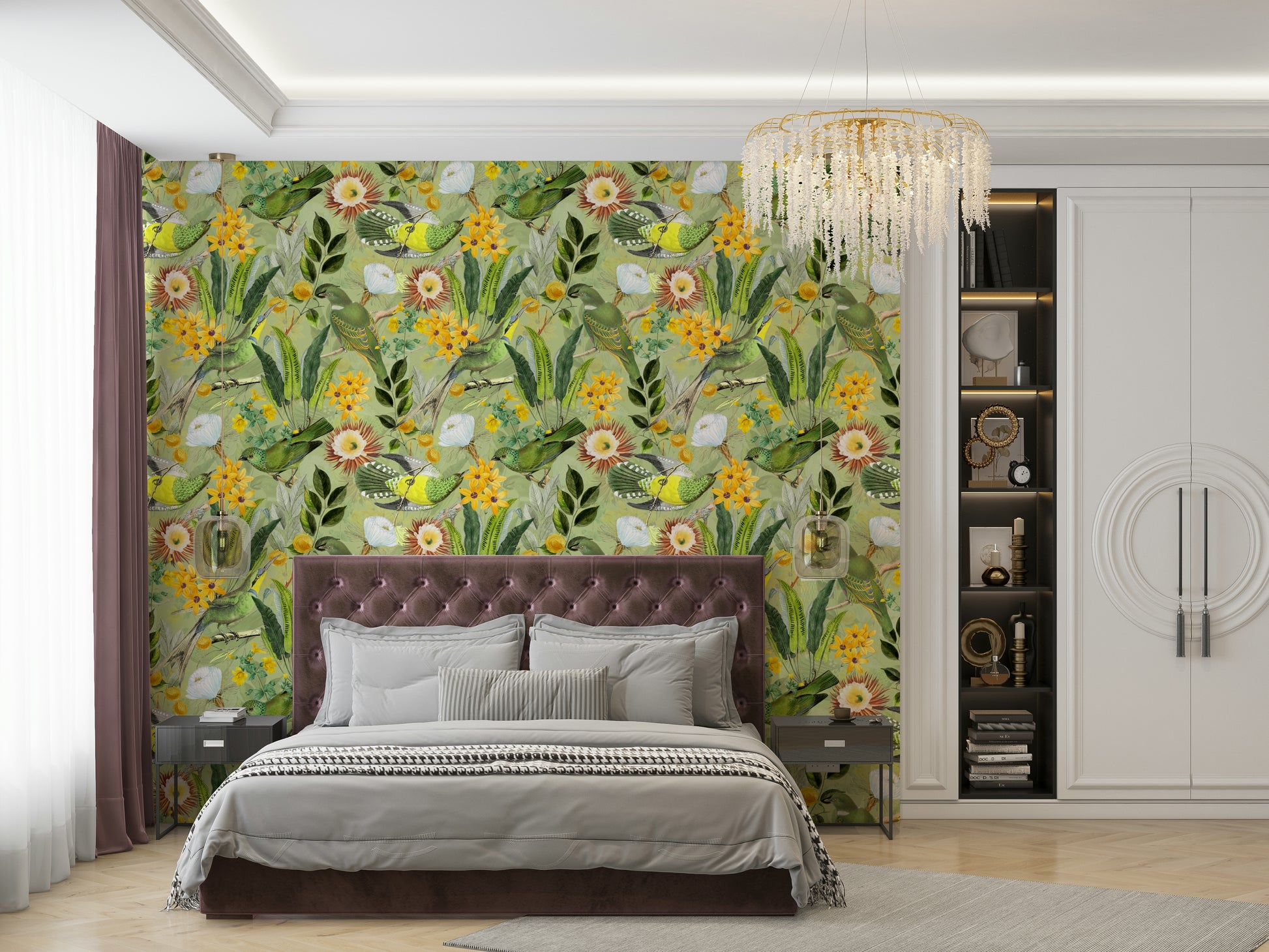 Lush, nature-inspired wallpaper with tropical foliage and birds


