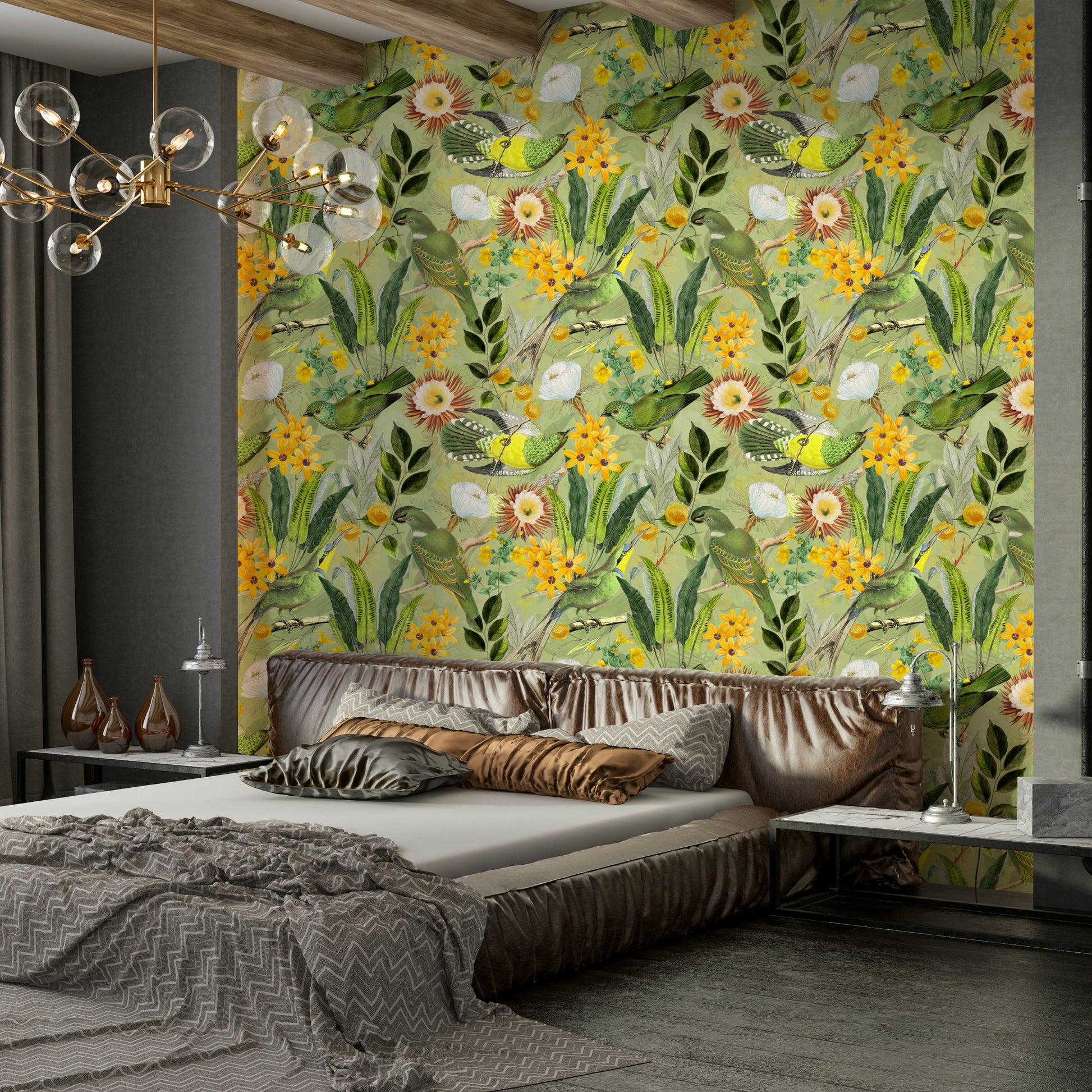 Soft tropical wallpaper with exotic birds and lush leaves

