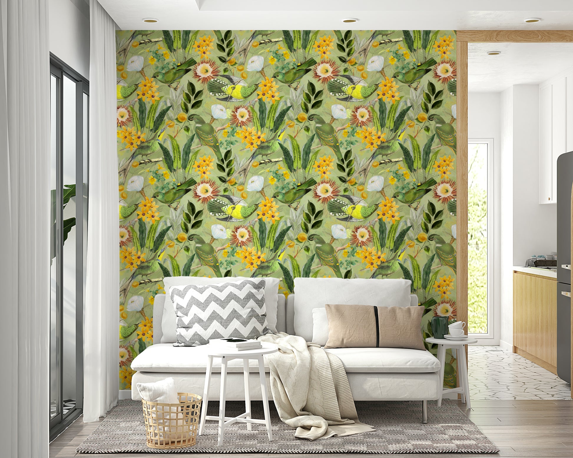 Vibrant tropical foliage and birds in Serene Aviary wallpaper

