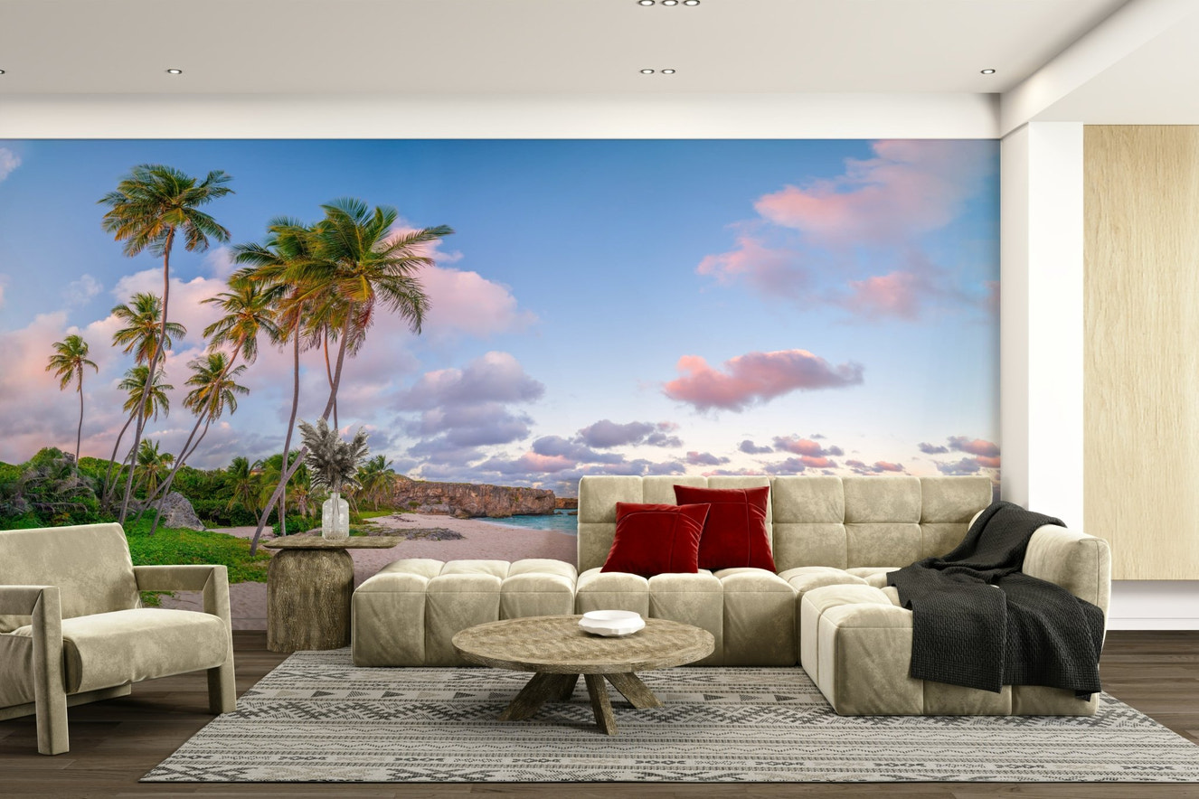 Serene Tropical Evening Wall Mural with palm trees and beach.

