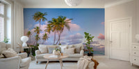 Peaceful beach mural with soft pastel evening sky.

