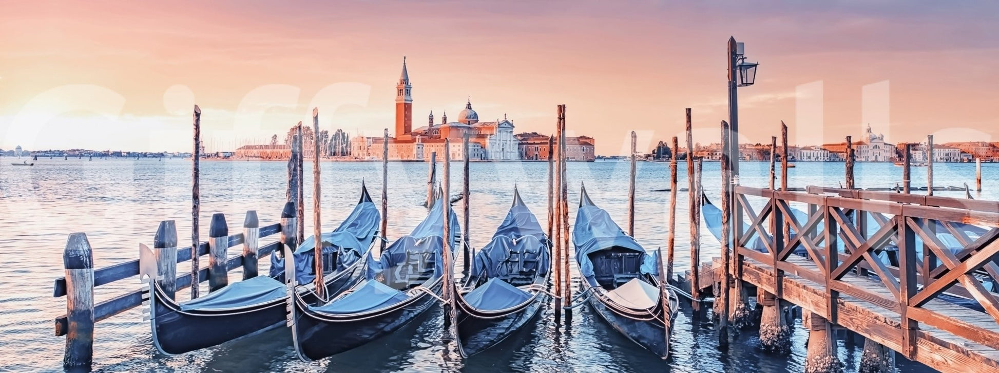 Minimal lounge with Venice mural, soft colour city view