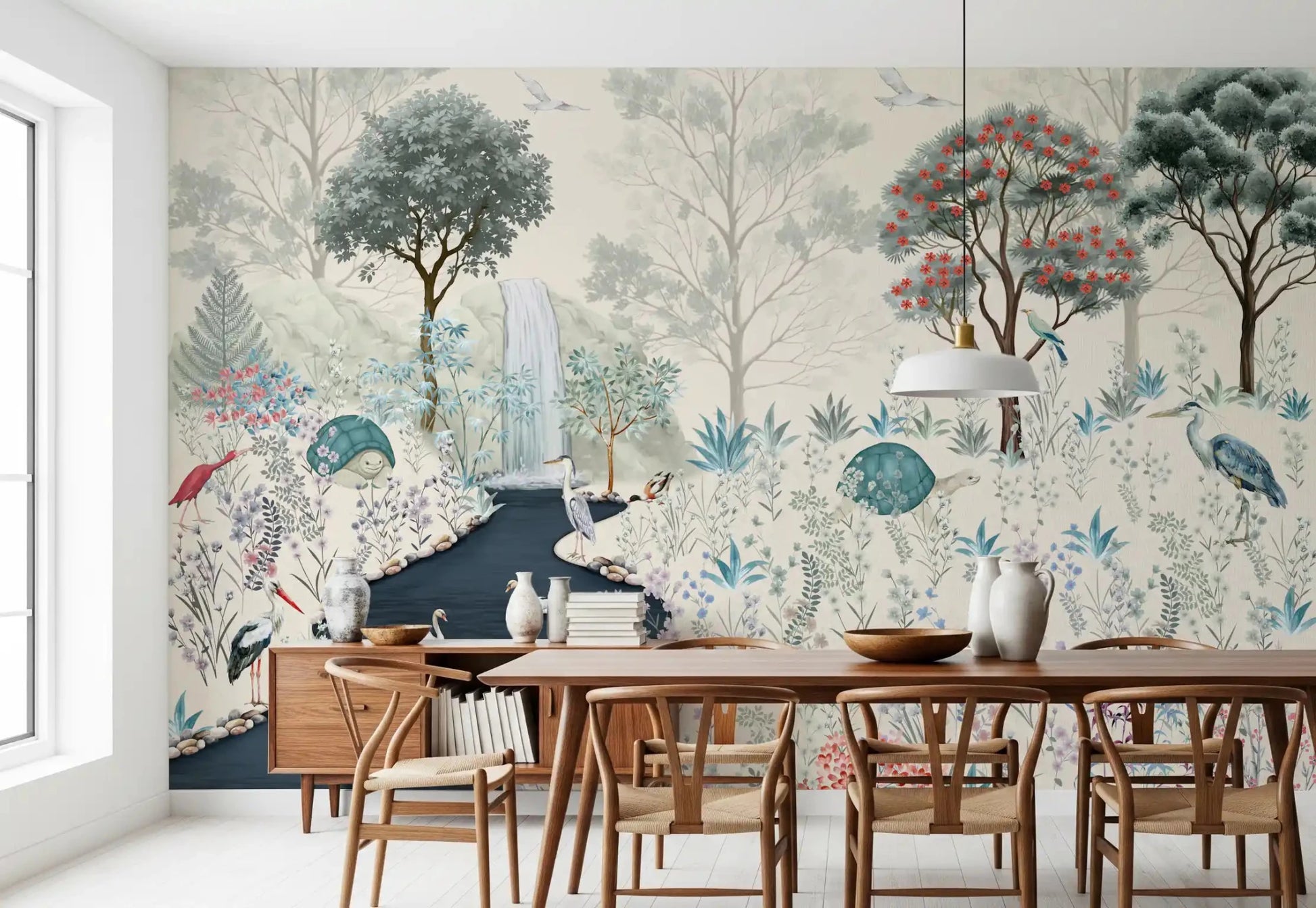 Serene Woodland Stream Wall Mural depicting a tranquil crane and lush greenery.