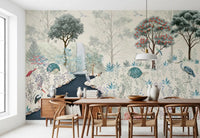 Serene Woodland Stream Wall Mural depicting a tranquil crane and lush greenery.