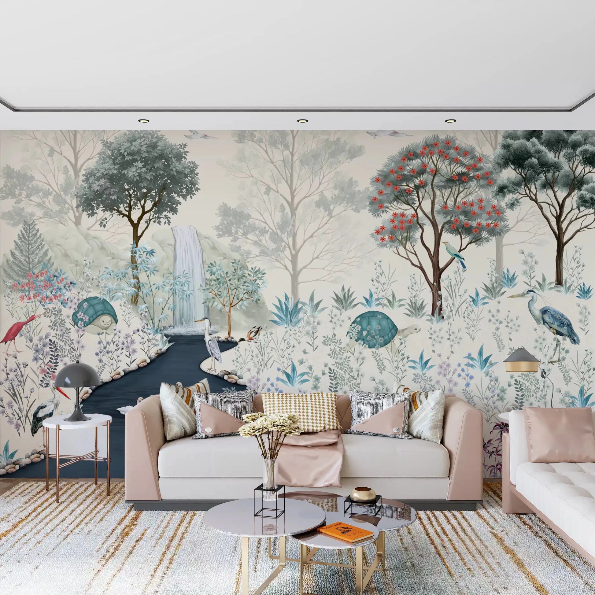 Paler shades of blue and green throughout this Serene Woodland Stream Wall Mural.