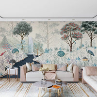 Paler shades of blue and green throughout this Serene Woodland Stream Wall Mural.