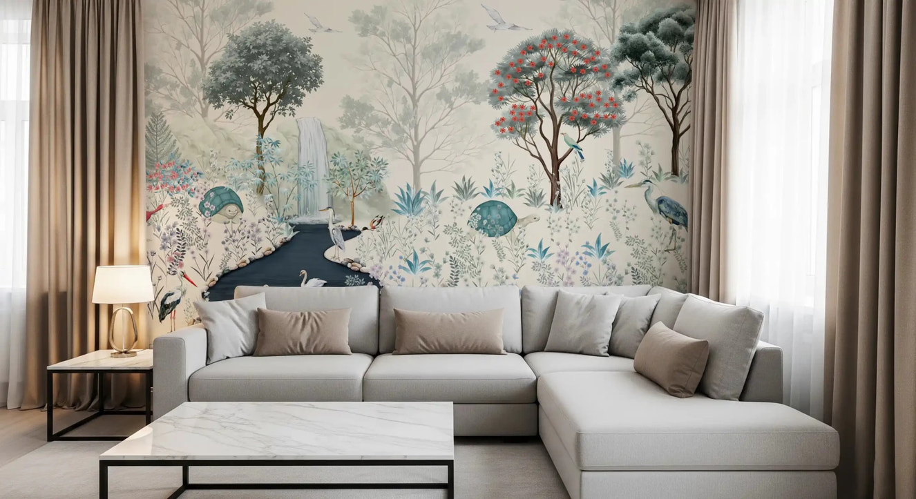 Serene Woodland Stream Wall Mural featuring a soft teal tortoise and herons.