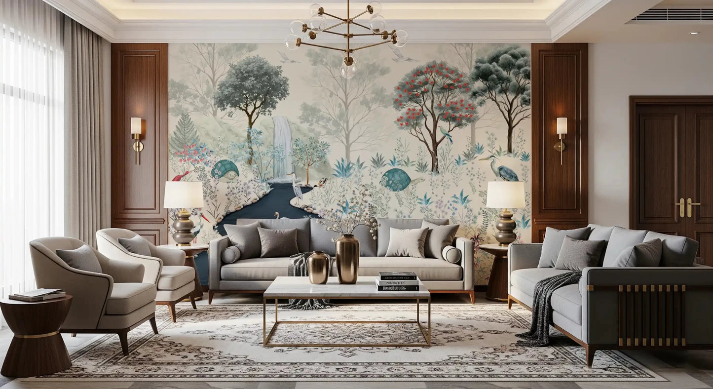 Soft cream backdrop and illustrative birds within a Serene Woodland Stream Wall Mural.
