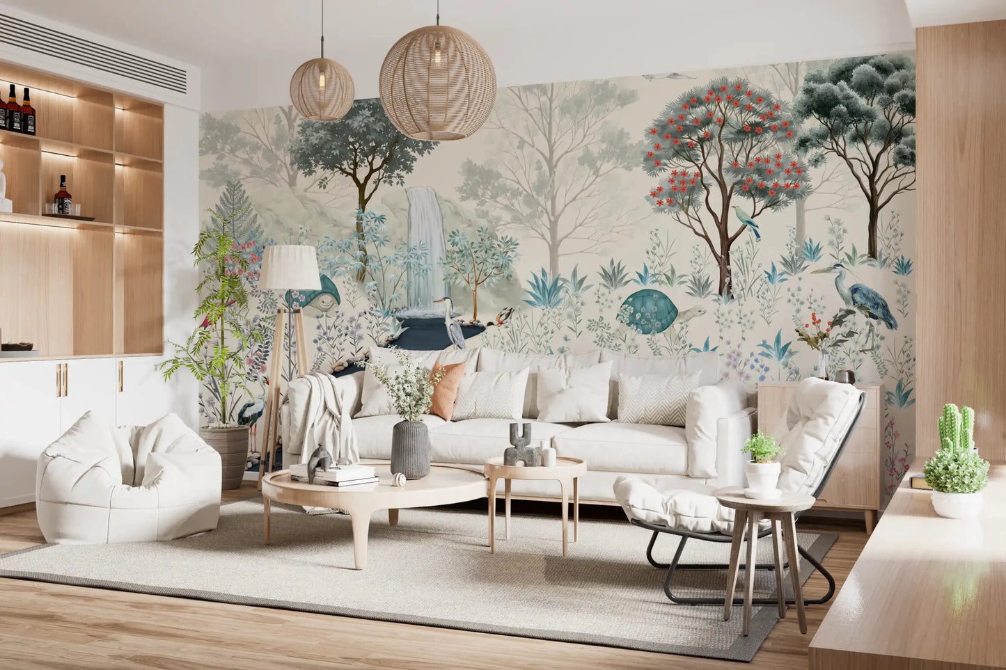 Graceful white swans floating on a blue river in this Serene Woodland Stream Wall Mural.