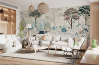 Graceful white swans floating on a blue river in this Serene Woodland Stream Wall Mural.