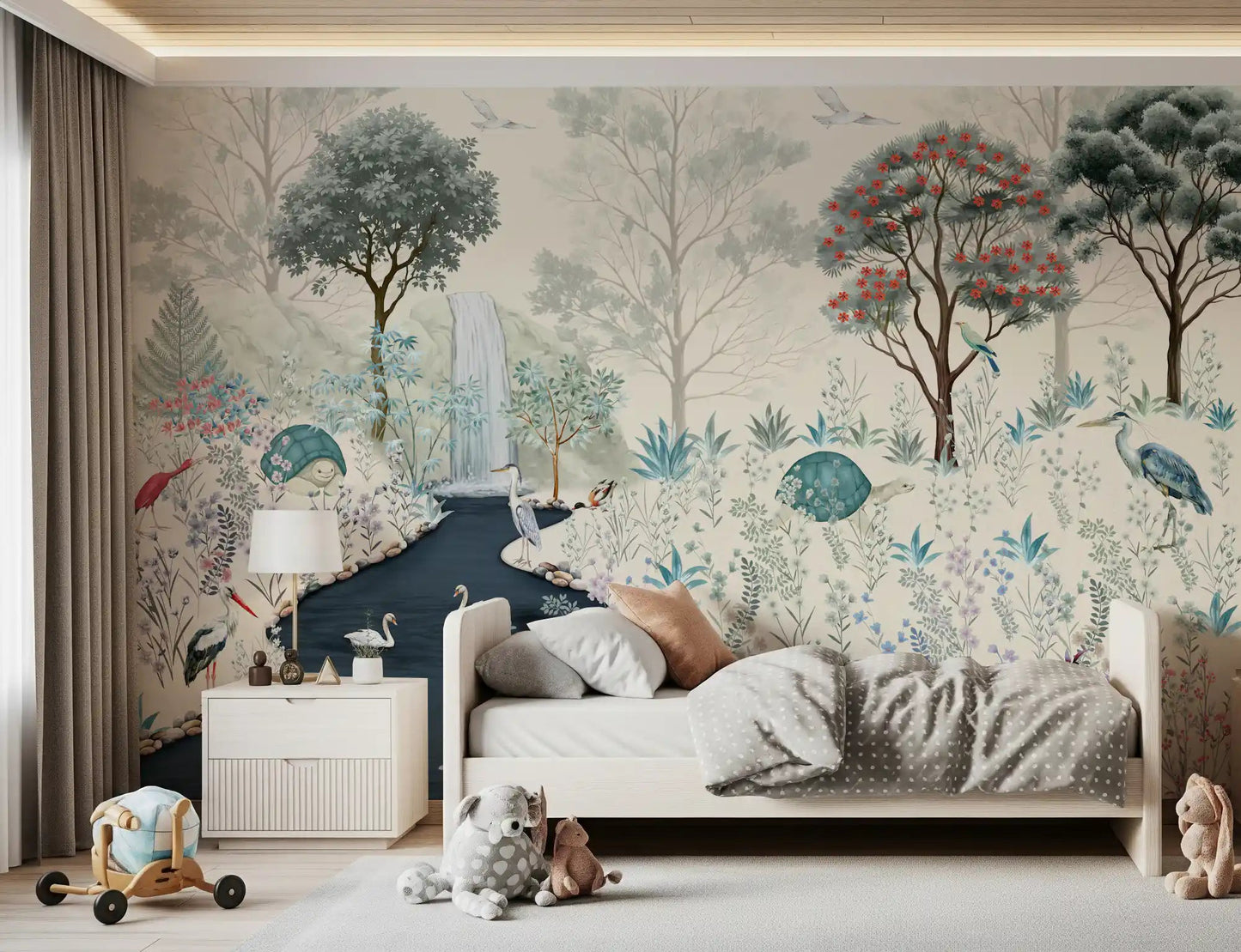 Serene Woodland Stream Wall Mural with a gentle waterfall and sage green trees.