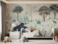 Serene Woodland Stream Wall Mural with a gentle waterfall and sage green trees.