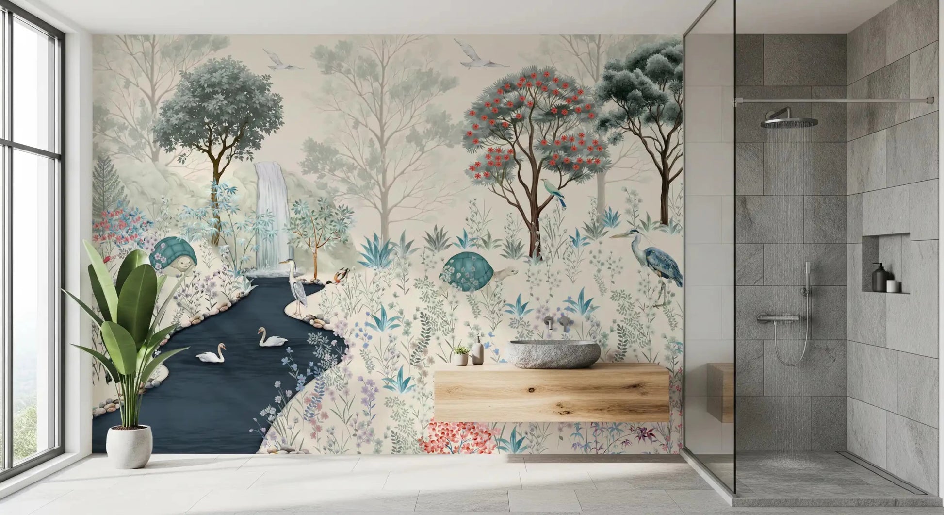 Serene Woodland Stream Wall Mural with a winding creek and mossy rocks.