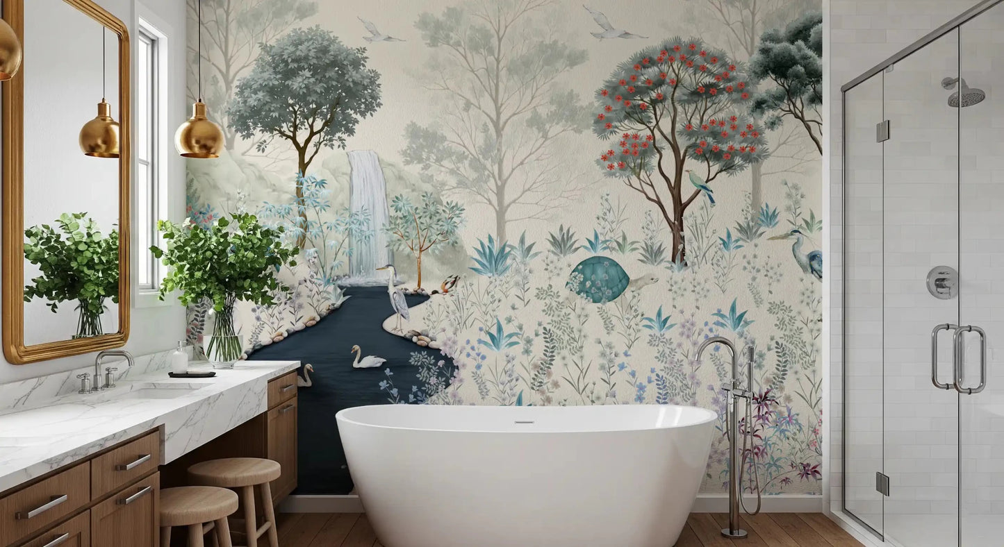 Delicate pink and purple wildflowers in the Serene Woodland Stream Wall Mural.