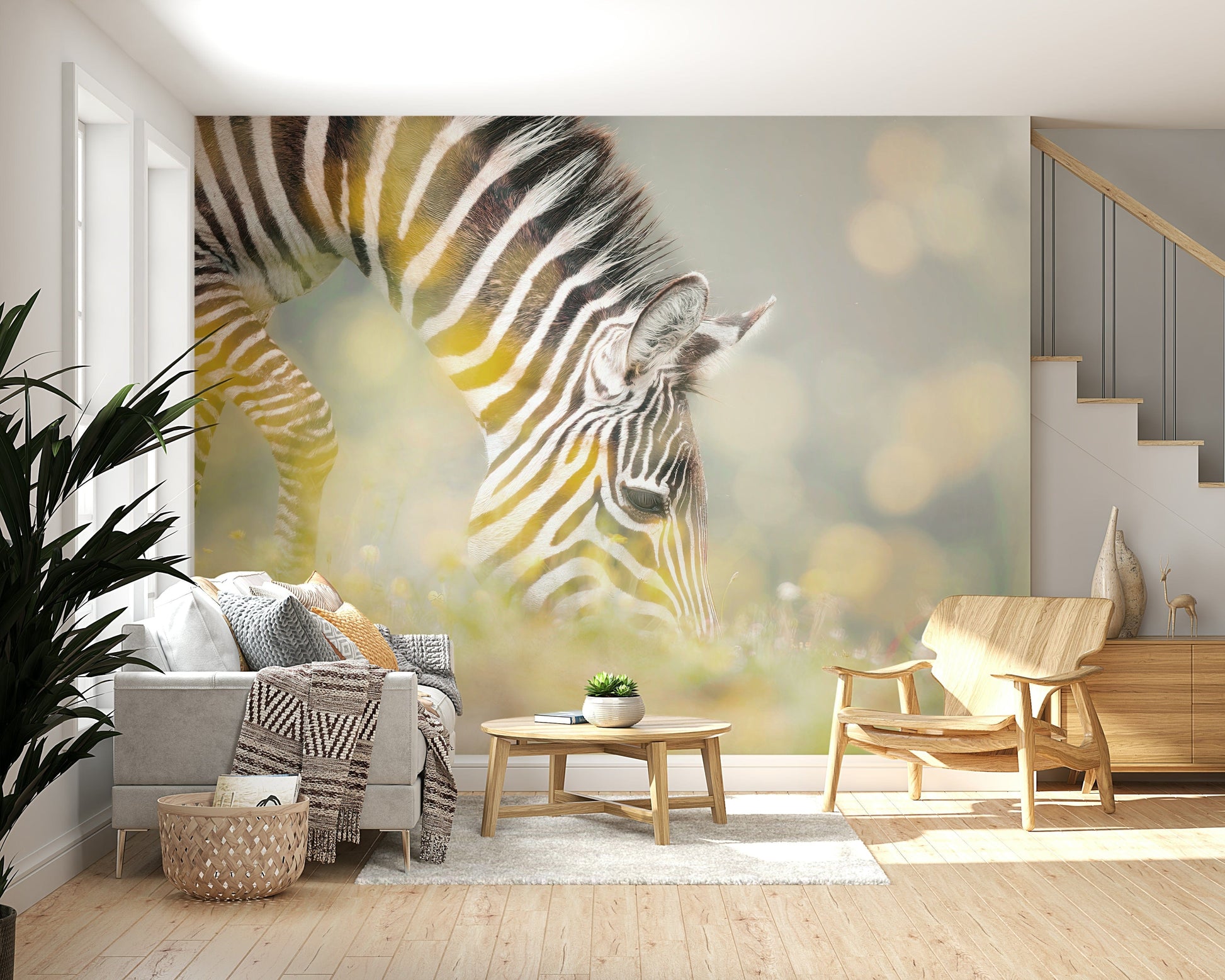 Zebra mural in a modern hallway, monochrome wall decor with framed accents