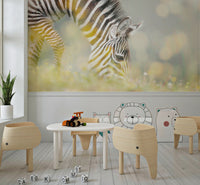 Monochrome zebra mural in dining area, modern chairs and clean wall decor look