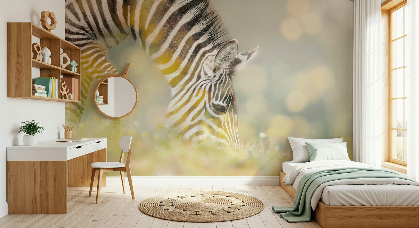 Black-and-white zebra wall mural in a minimalist bedroom, calm neutral styling