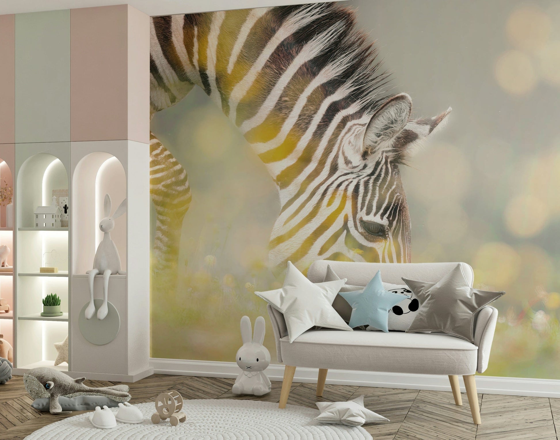 Zebra’s Grazing Gaze Wall Mural in a kid-friendly room, soft tones and simple styling
