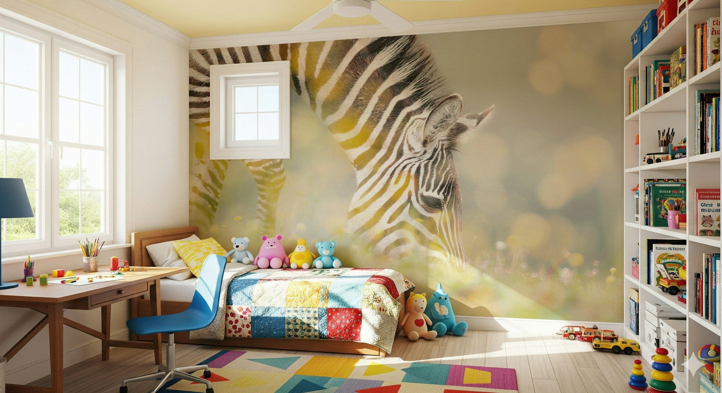 Zebra’s Grazing Gaze Wall Mural behind a beige sofa in a modern apartment lounge