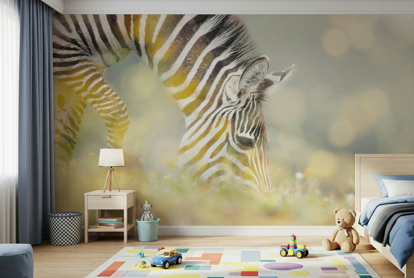 Zebra wallpaper mural as office backdrop, modern workspace with wood desk and plants