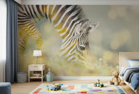 Zebra wallpaper mural as office backdrop, modern workspace with wood desk and plants