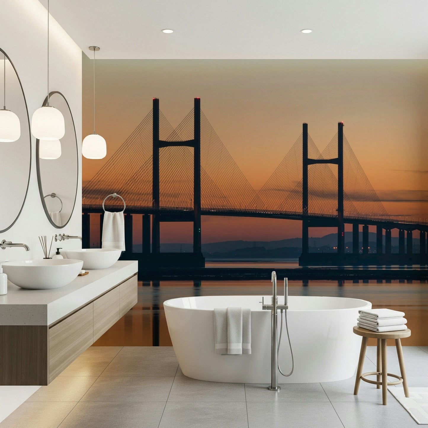 Stunning orange sky Severn Bridge at Dusk mural peaceful moment.