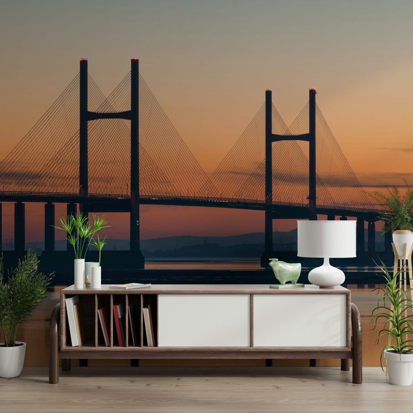 Reflecting Severn Bridge water mural serene evening vista.