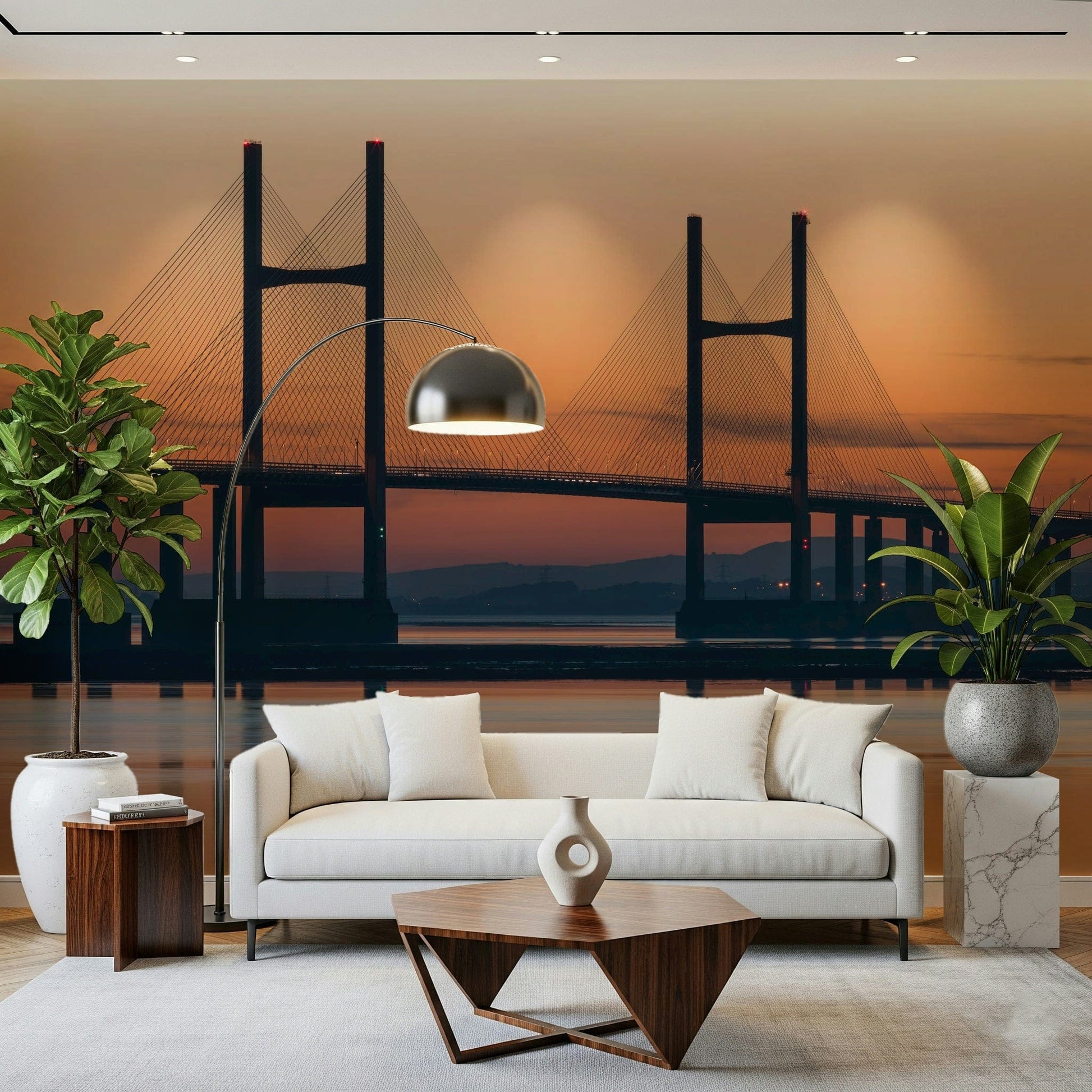 Riverside view Severn Bridge wallpaper captivating glow.