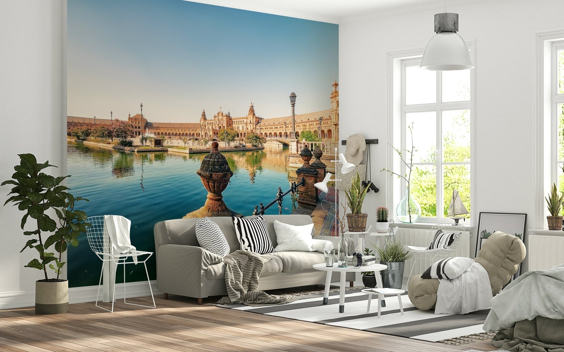 Romantic fountain courtyard Seville Serenity wallpaper for walls scenery.